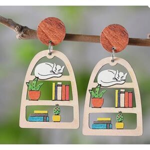 Wood Book Shelf White Cat Books Earrings
